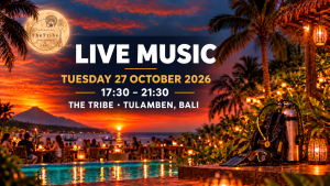 Soirée musique live du mardi 27 octobre 2026 chez The Tribe à Tulamben, avec logo The Tribe intégré à la lune, piscine, coucher de soleil et équipement de plongée