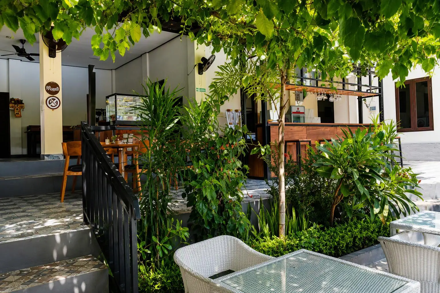 Shaded terrace and restaurant counter