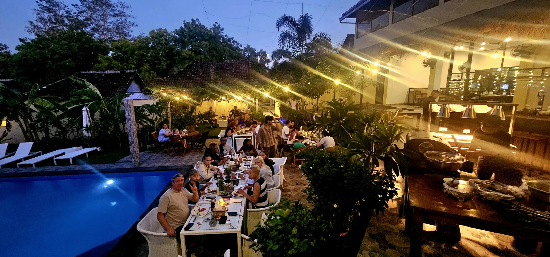 Pool and The Tribe restaurant in the evening