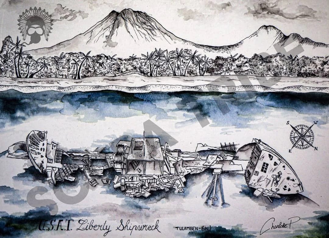 Illustrated dive site map of the USAT Liberty wreck in Tulamben